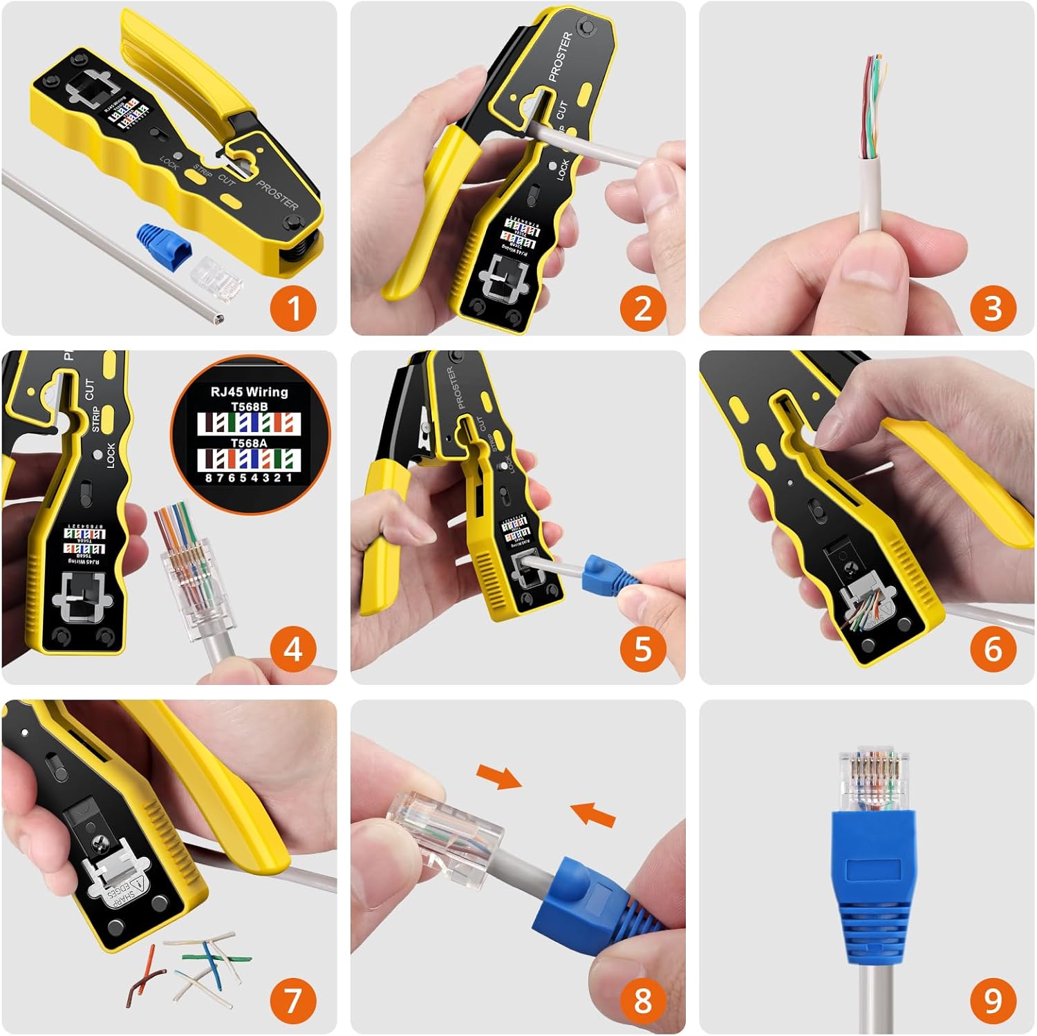Proster RJ45 Crimp Tool Kit - Pass Through RJ45 Crimper for Cat6 Cat6a Cat5 Cat5e with 50 PCS CAT6 Pass Through Connectors 50 PCS Cat6 Protection Covers Stripper Ethernet RJ45 Crimping Tool - Yellow - Image 7