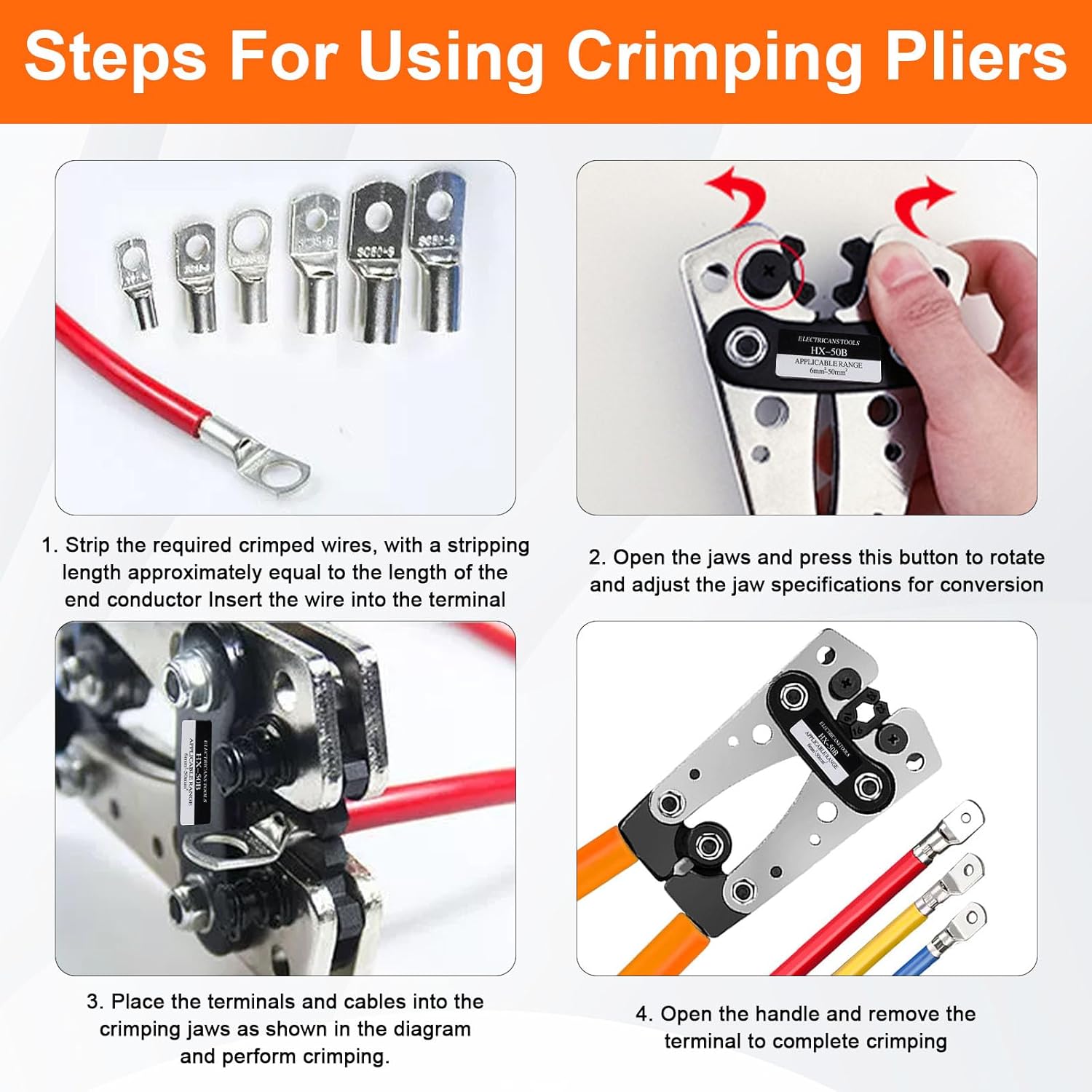Polegas HX-50B Battery Cable Crimping Tool Kit for 6/10/16/25/35/50 mm², Wire Crimping Tool with 60 PCS Copper Ring Terminals, Battery Cable Lug Crimper for Electrical Lug Crimper, Copper Lugs - Image 5