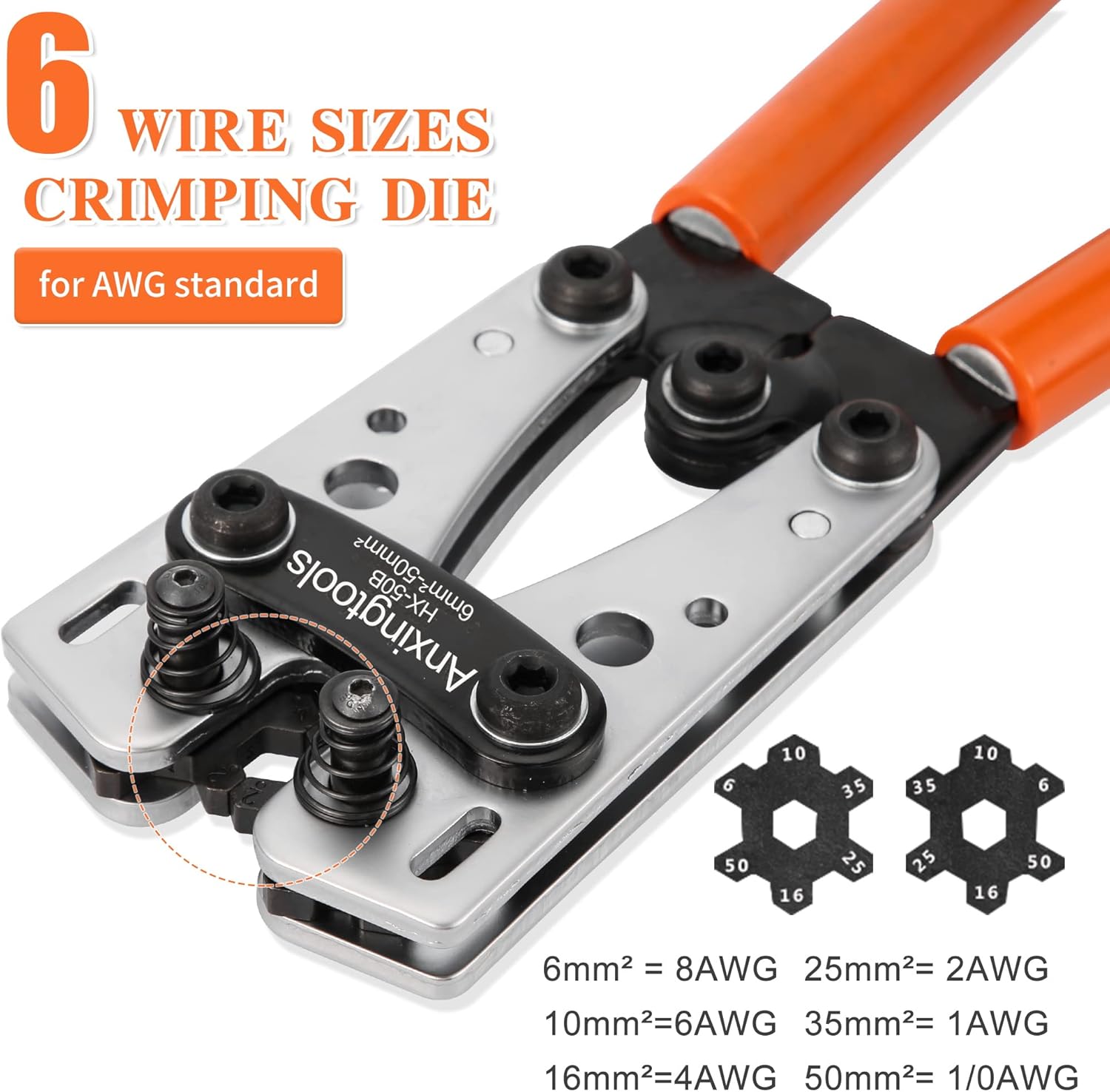 Battery Cable Crimping Tool for 6/10/16/25/35/50 mm² Battery Copper Ring Terminals,Copper Lugs, Heavy Duty Crimper for Wire Lugs (HX50B Crimper+60Terminals) - Image 3