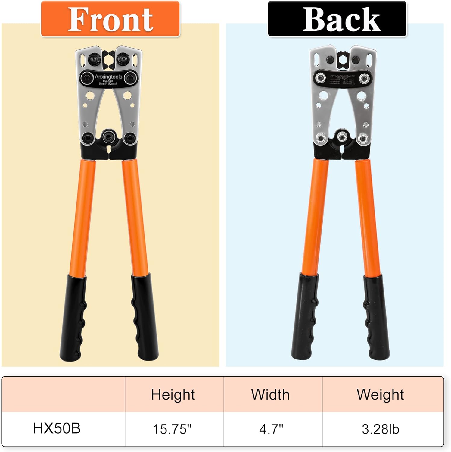 Battery Cable Crimping Tool for 6/10/16/25/35/50 mm² Battery Copper Ring Terminals,Copper Lugs, Heavy Duty Crimper for Wire Lugs (HX50B Crimper+60Terminals) - Image 6