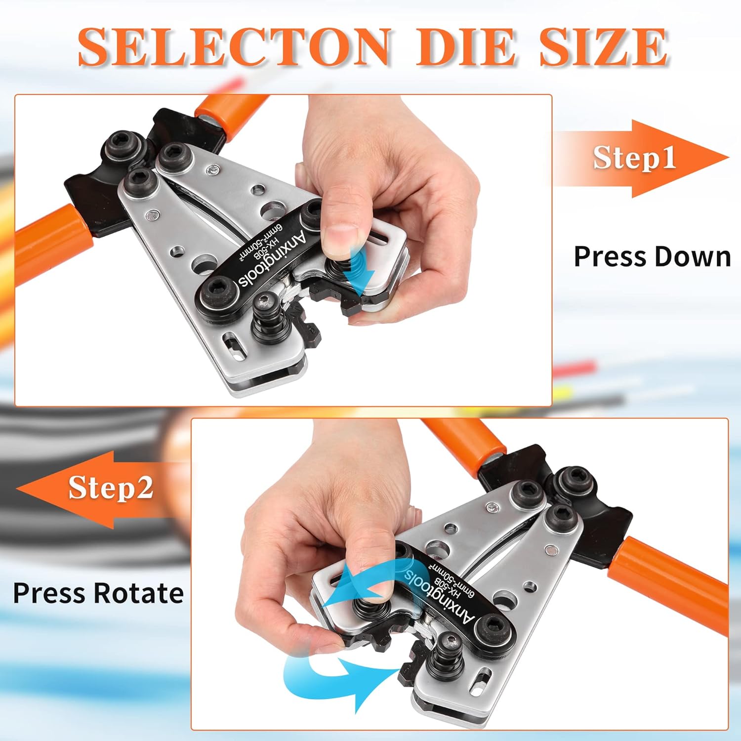 Battery Cable Crimping Tool for 6/10/16/25/35/50 mm² Battery Copper Ring Terminals,Copper Lugs, Heavy Duty Crimper for Wire Lugs (HX50B Crimper+60Terminals) - Image 7