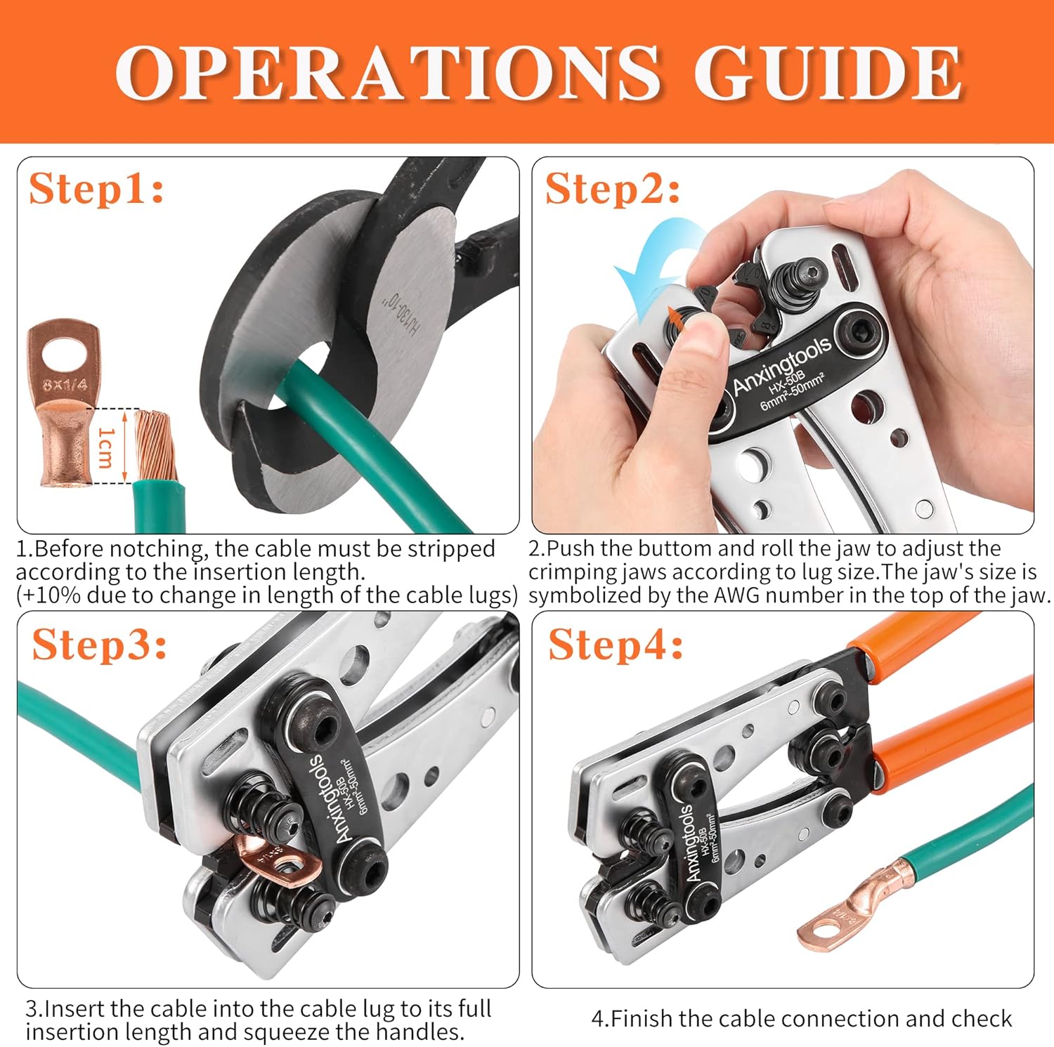 Battery Cable Crimping Tool for 6/10/16/25/35/50 mm² Battery Copper Ring Terminals,Copper Lugs, Heavy Duty Crimper for Wire Lugs (HX50B Crimper+60Terminals) - Image 5